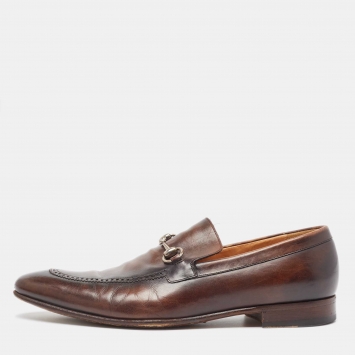 Pre Owned Gucci Brown Leather Horsebit Loafers Size 44.5