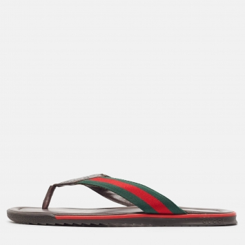 Pre Owned Gucci Brown Micro Guccissima Leather Web Thong Flip Flop Sandals Size 41