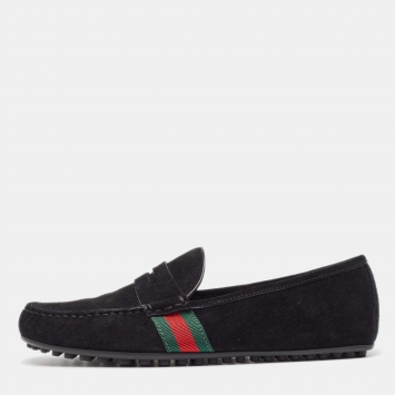 Pre Owned Gucci Black Suede Web Low Top Loafers Size 41.5