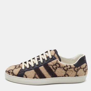 Pre Owned Gucci Brown/Brown Wool And Leather GG Ace Wool Sneakers Size 42