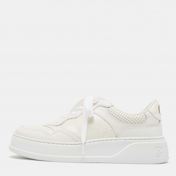 Pre Owned Gucci White Jumbo GG Embossed Leather Low Top Sneakers Size 42