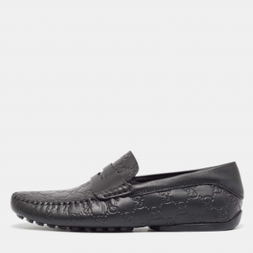 Pre Owned Gucci Black Guccissima Leather Penny Loafers Size 42.5