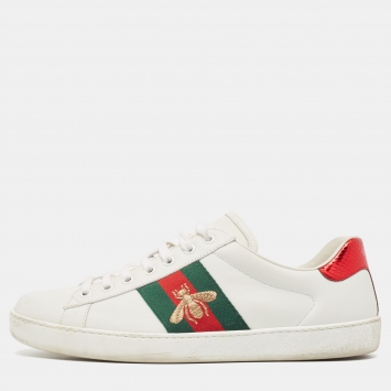 Pre Owned Gucci White Leather Embroidered Bee Ace Sneakers Size 41