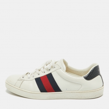Pre Owned Gucci White Leather Web Ace Sneakers Size 42.5
