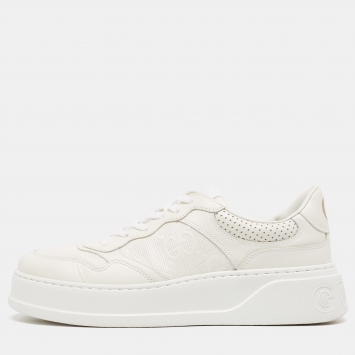 Pre Owned Gucci White Leather GG Low Top Sneakers  Size 43