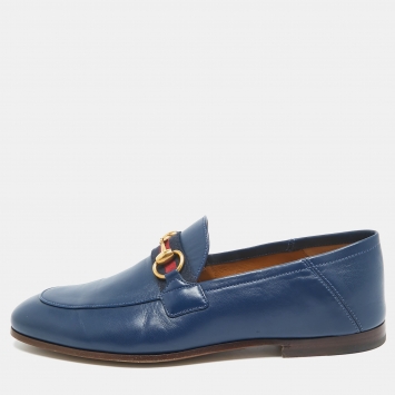 Pre Owned Gucci Navy Blue Leather Web Horsebit Loafers Size 39