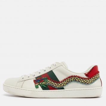 Pre Owned Gucci White Leather Ace Dragon Embroidered Low Top Sneakers Size 41.5