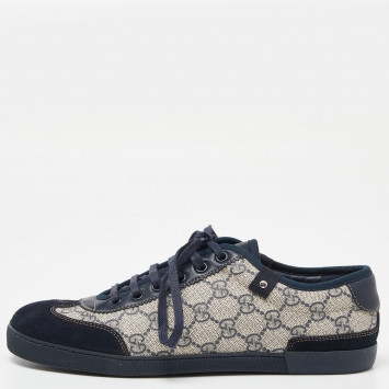 Pre Owned Gucci Navy Blue/Beige Suede and GG Supreme Canvas Low Top Sneakers Size 40.5 