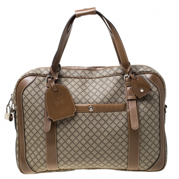 Pre Owned Gucci Beige/Tan Diamante Canvas and Leather Zip Pocket Briefcase