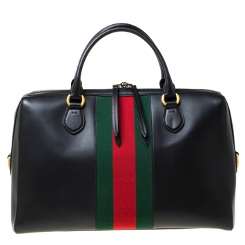 Pre Owned Gucci Black Leather and Canvas Web Slim Briefcase