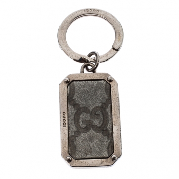 Pre Owned Gucci Grey Leather Guccissima Silver Tone Keyring