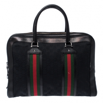 Pre Owned Gucci Black GG Canvas and Leather Web Travel Bag