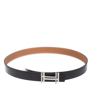 Pre Owned Hermes Noir/Gold Togo Leather Palladium Plated H Au Carre Buckle Reversible Belt 100CM