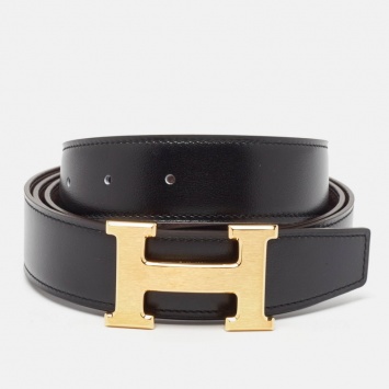 Pre Owned Hermes Noir/Chocolat Box and Togo Leather H Brushed Buckle Reversible Belt 120 CM