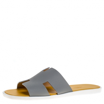 Pre Owned Hermes Grey/Yellow Leather Izmir Flat Slides Size 42