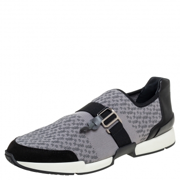 مملوكة مسبقًا Hermes Grey/Black Knit Fabric And Leather Buckle Run Sneakers Size 43.5