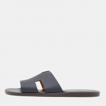 Pre Owned Hermès Navy Blue Leather Izmir Flat Slides Size 45
