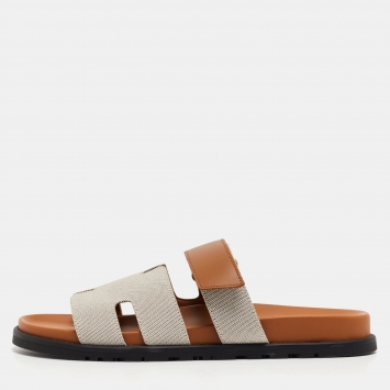 Pre Owned Hermes Beige/Brown Canvas and Leather Chypre Sandals Size 43