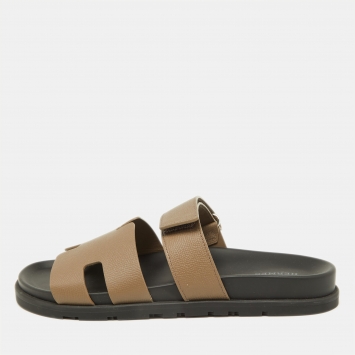 Pre Owned Hermes Brown Leather Chypre Velcro Strap Flat Sandals Size 41