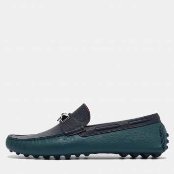 Pre Owned Hermès Green/Navy Blue Leather Irving Loafers Size 43.5