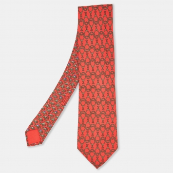 Pre Owned Hermes Red Equestrian Print Silk Traditional Tie