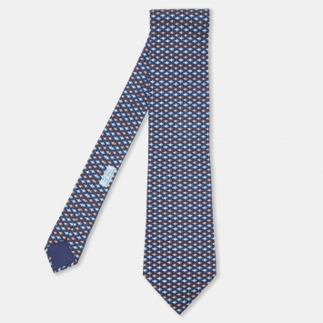 Pre Owned Hermes Navy Blue Fish Print Silk Traditional Tie
