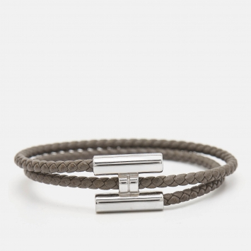 Pre Owned Hermès ermes Tournis Leather Palladium Plated Bracelet