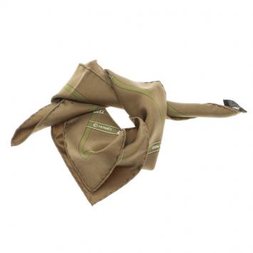Pre Owned Hermes Military Green Silk Signature Logo Ribbons Print Bolduc Pocket Square