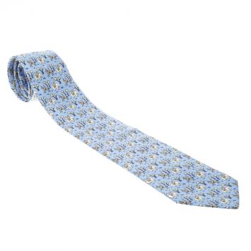 Pre Owned Hermes Blue Elephant and Horse Jockey Print Silk Tie