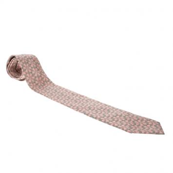 Pre Owned Hermes Pink Horseshoe Print Silk Tie
