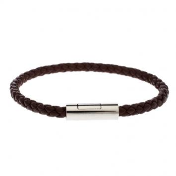 Pre Owned Hermes Goliath Burgundy Braided Leather Palladium Plated Bracelet