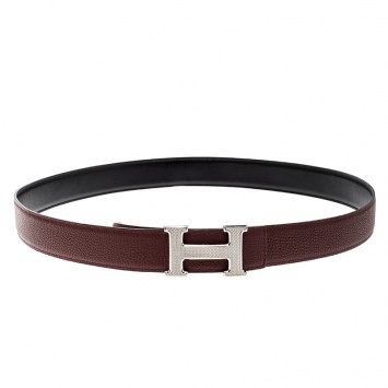 Pre Owned Hermes Burgundy/Black Togo and Box Calf Leather Guillochee H Buckle Reversible Belt 100cm