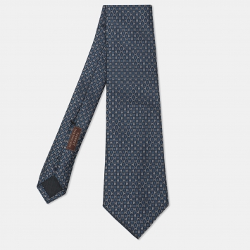 Pre Owned Hermes Blue H Jacquard Silk Neck Tie 