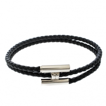 Pre Owned Hermes Tournis Tresse Black Leather Palladium Plated Bracelet