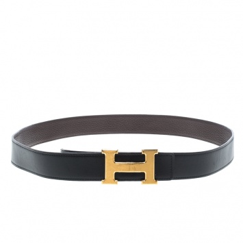 Pre Owned Hermès Black/Dark Brown Leather Reversible Gold Brushed Finished H Buckle Belt 95cm