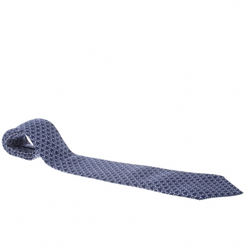 Pre Owned Hermes Vintage Navy Blue Link Printed Silk Tie