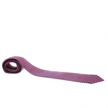 Pre Owned Hermes Vintage Navy Blue and Pink Chain Link Pattern Silk Jacquard Tie