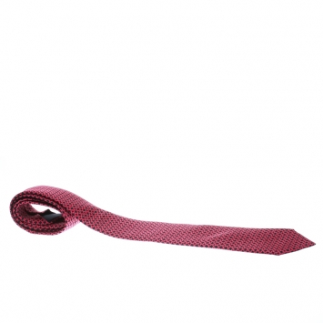 Pre Owned Hermes Magenta Pink and Black Irregular Houndstooth Print Silk Tie
