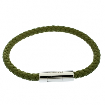 Pre Owned Hermes Goliath Green Woven Leather Palladium Plated Bracelet