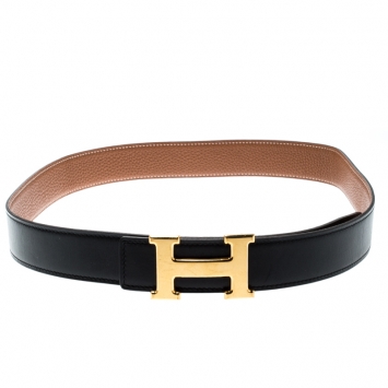 Pre Owned Hermès Black/Brown Leather Reversible Gold Metal Finished H Buckle Belt 90CM