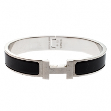 Pre Owned Hermes Clic HH Black Enamel Brushed Palladium Plated Bracelet GM
