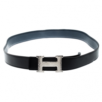 Pre Owned Hermès Black/Blue Leather Reversible Silver Hammered Finished H Buckle Belt 90cm
