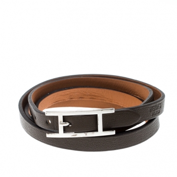 Pre Owned Hermes Hapi 3 Dark Green Leather Palladium Plated Wrap Bracelet