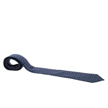 Pre Owned Hermes Vintage Navy Blue Equestrian Stirrup Print Silk Tie