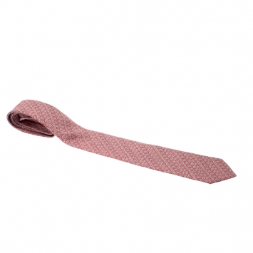 Pre Owned Hermes Red Geometric Chain Link Print Silk Twill Tie 