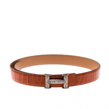 Pre Owned Hermes Orange Crocodile and Swift Leather Constance 2 Guillochee Finish H Buckle Belt 85CM