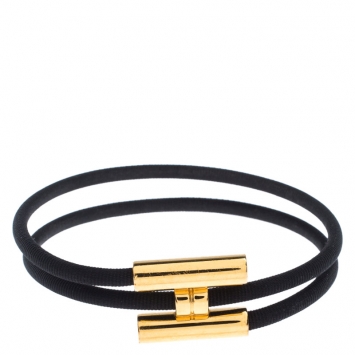 Pre Owned Hermes Tournis Tresse Black Leather Gold Plated Wrap Bracelet