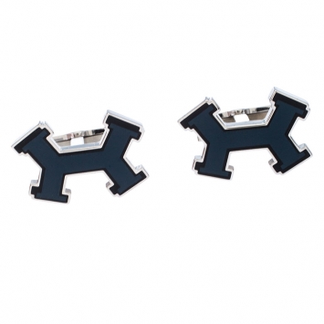 Pre Owned Hermes Dark Blue Street H Lacquered Palladium Plated Cufflinks