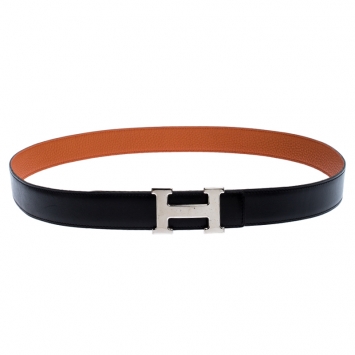 Pre Owned Hermes Black/Orange Leather Constance 2 Reversible Buckle Belt 105CM