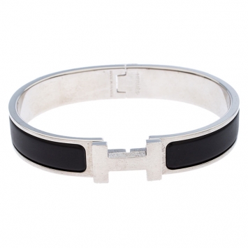 Pre Owned Hermes Clic HH Matte Noir Enamel Palladium Plated Bracelet GM